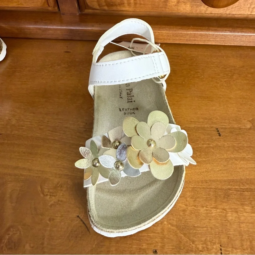 NEW Guilin Palai  White and Gold floral Sandals girls size 7 straps‎ cork